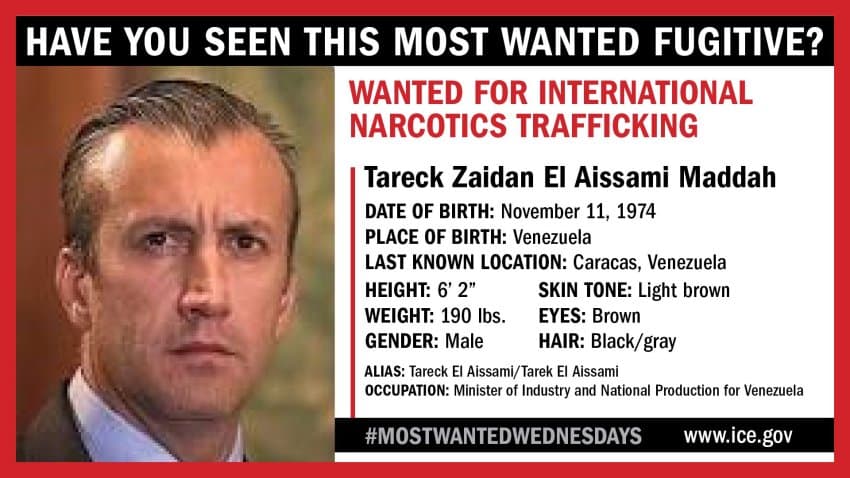 El cartel más buscado de ICE para el ex vicepresidente venezolano Tarek El Aissami Julio 31, 2019.