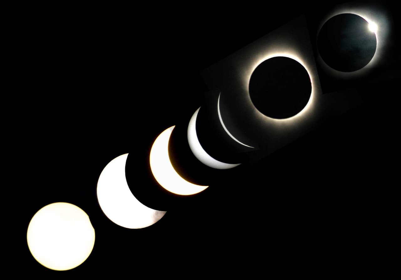 Un eclipse solar total ocurre cuando la Luna pasa entre el Sol y la Tierra, bloqueando completamente la cara del Sol.