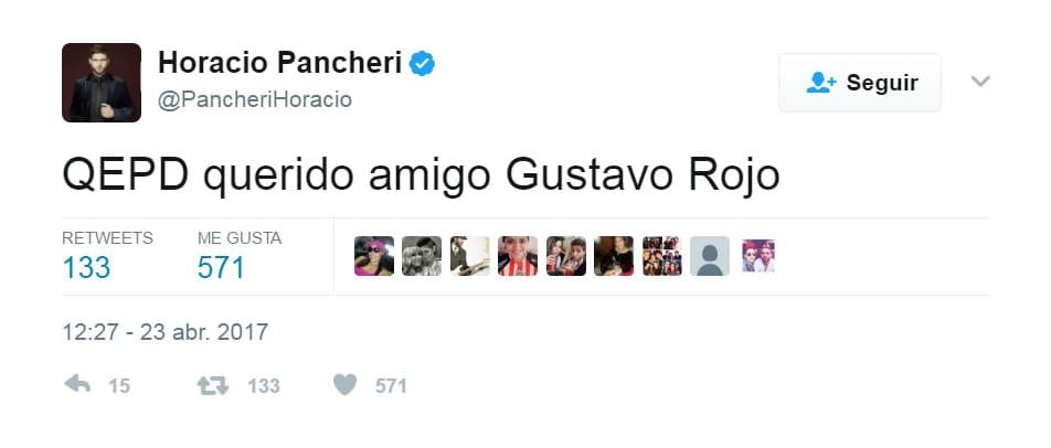 <b><a href="http://www.univision.com/temas/horacio-pancheri">Horacio Pancheri</a></b>, quien compartió créditos con
<b><a href="http://www.univision.com/temas/gustavo-rojo">Rojo</a></b> en 'Un camino hacia el destino', así externó su dolor al saber de la partida del actor.