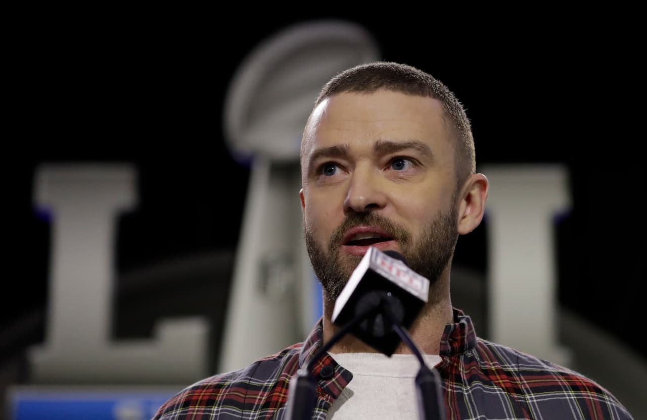 Justin Timberlake responde preguntas durante una conferencia de prensa sobre su actuación en el medio tiempo del Super Bowl, el jueves 1 de febrero del 2018 en Minneapolis. (AP Foto/Matt Slocum)