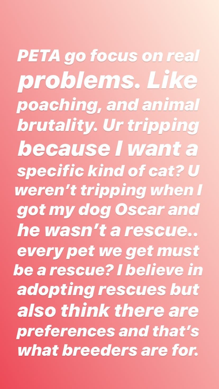 "PETA enfócate en problemas reales. Como la caza furtiva y la brutalidad animal ¿Estás mal viajando porque deseo tener un tipo de gato en específico? No te mal viajaste cuando conseguí a mi perro Oscar y no fue un rescate. ¿Acaso toda mascota que tengamos debe ser adoptada?", se preguntó el cantante.