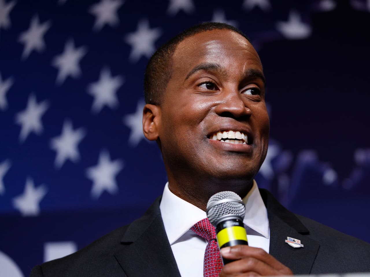 DETROIT, MI - AUGUST 7: John James, Michigan GOP Senate candidate, speaks at an election night event after winning his primary election at his business, James Group International August 7, 2018 in Detroit, Michigan. James, who has President Donald Trump's endorsement, will face Democrat incumbent Senator Debbie Stabenow (D-MI) in November. (Photo by Bill Pugliano/Getty Images)