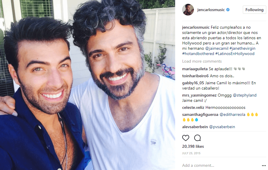Otra de las personalidades que Jencarlos admira es el actor mexicano Jaime Camil. "Feliz cumpleaños a no solamente un gran actor/director que nos está abriendo puertas a todos los latinos en Hollywood, pero a un gran ser humano...A mi hermano Jaime Camil", compartió Jencarlos en sus redes sociales.