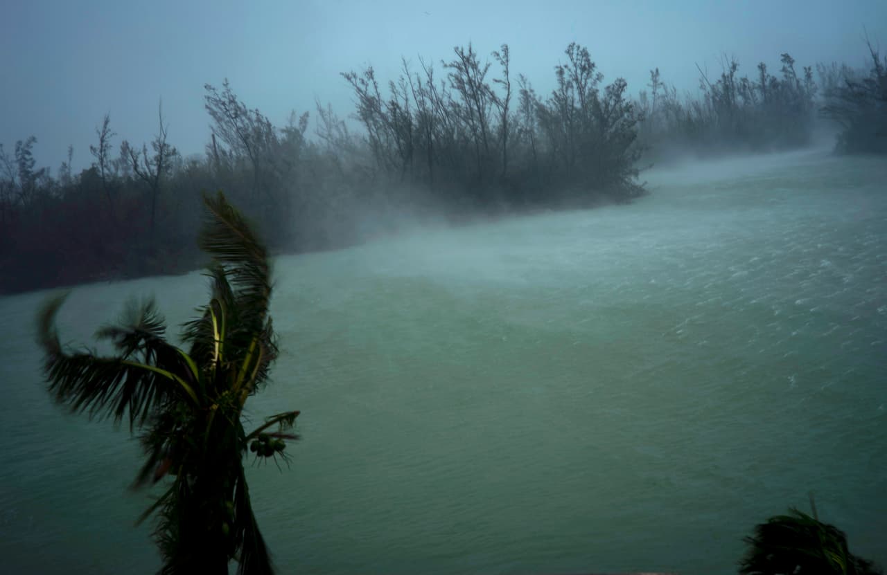 Los fuertes vientos del huracán Dorian remecen las copas de los árboles y las malezas mientras sacan agua de la superficie de un canal que conduce al mar, ubicado detrás de la maleza en la parte superior, visto desde el balcón de un hotel en Freeport, Gran Bahama, Bahamas, el lunes 2 de septiembre de 2019.