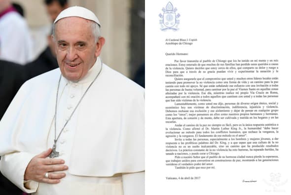 El Papa Francisco manda una carta a las víctimas de la violencia en Chicago