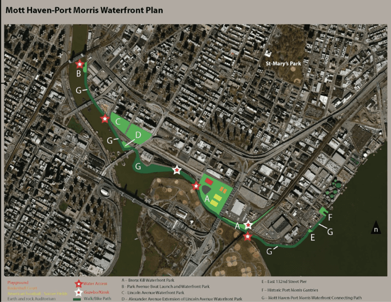 Mapa de los cambios en la costa del Sur de Bronx.