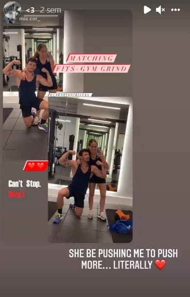 Esta no es la primera vez que Cristan presume su amor por la joven, pues hace un par de semanas réplico algunas fotos en sus historias de Instagram entrenando con ella. "
<b>Ella me empuja a dar más</b>", escribió junto a varios corazones.