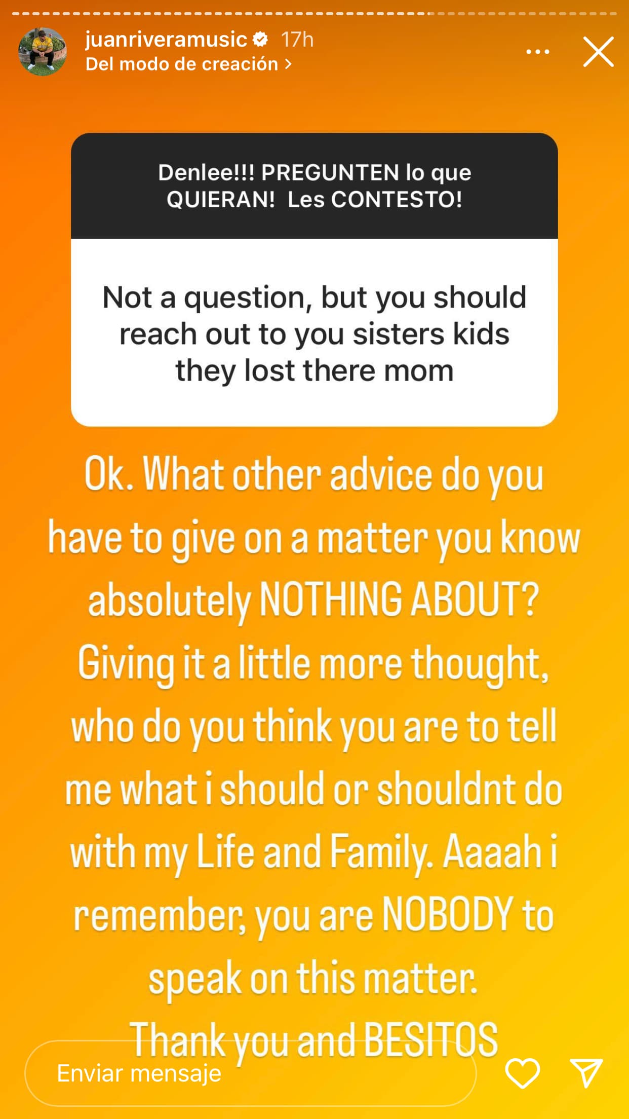 "Ok, ¿Qué otro consejo tienes que dar sobre un asunto del que 
<b>no sabes absolutamente nada</b>?", le contestó el cantante. 
<br>