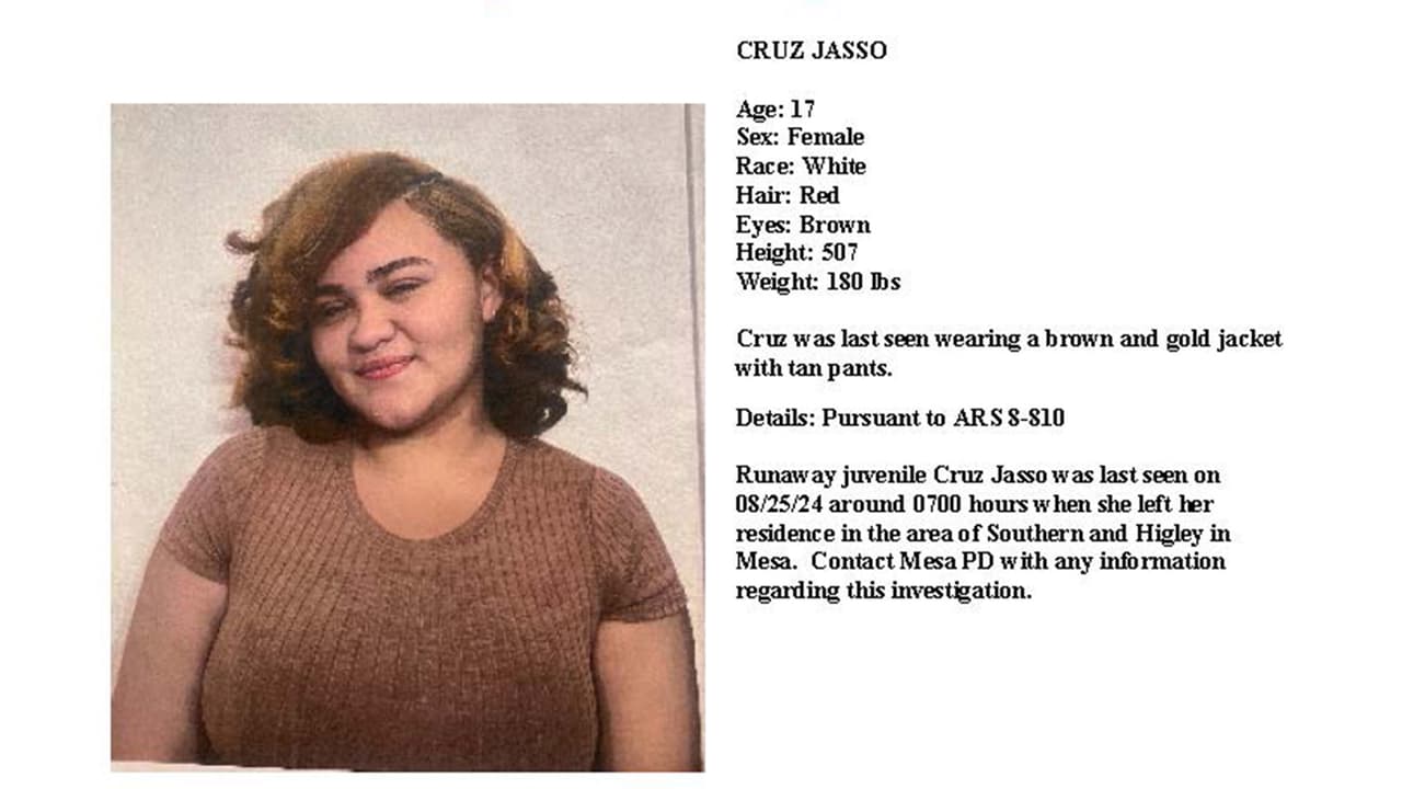 <b>Cruz Jasso, </b>de 17 años, es una mujer caucásica de cabello rojo y ojos marrones. Mide 5 pies 7 pulgadas de alto y pesa 180 libras. Cruz fue vista por última vez con una chaqueta café y dorada y pantalones color canela.