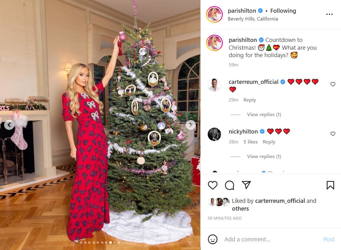 Por su parte, su multimillonaria amiga, 
<b>Paris Hilton</b>, compartió una serie de fotos con el siguiente texto: "Cuenta regresiva para la Navidad. ¿Qué estás haciendo en estas fiestas?".