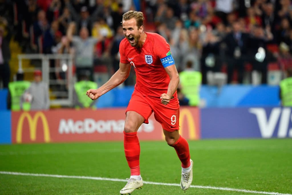 England's forward Harry Kane celebrates after scoring the opening goal from the penalty spot during the Russia 2018 World Cup round of 16 football match between Colombia and England at the Spartak Stadium in Moscow on July 3, 2018. (Photo by Alexander NEMENOV / AFP) / RESTRICTED TO EDITORIAL USE - NO MOBILE PUSH ALERTS/DOWNLOADS (Photo credit should read ALEXANDER NEMENOV/AFP/Getty Images)