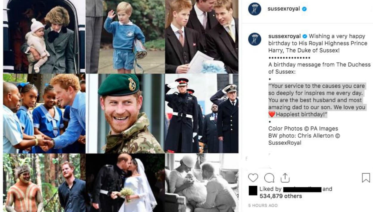 Con esta imagen, compuesta por 9 fotos relevantes 
<b><a href="https://www.univision.com/entretenimiento/el-principe-harry-quedo-marcado-por-algo-que-lo-obligaron-a-hacer-en-el-sepelio-de-lady-diana">en la vida del príncipe Harry</a></b>, este domingo su esposa, la retirada actriz estadounidense 
<b>Meghan Markle,</b> lo felicitó por su cumpleaños 35.