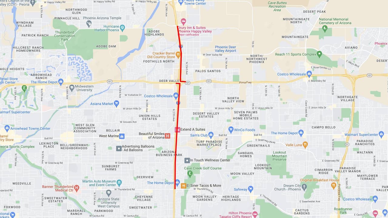 <b>Interestatal 17</b>
<br>La Interestatal 17 en dirección norte estará cerrada entre las carreteras Thunderbird y Pinnacle Peak desde las 9 p.m. del viernes, hasta las 5 a. m. del lunes.
<br>
<br>Ambas rampas del Loop 101 hacia la I-17 en dirección norte también estarán cerradas, al igual que las rampas de acceso a la I-17 en dirección norte en Dunlap Avenue, Peoria Avenue y Cactus Road.
<br>
<br>
<b>Rutas alternas</b>
<br>Los conductores que circulan sobre la I-17 en dirección norte pueden considerar salir antes del cierre y utilizar las avenidas 19 o 35 en dirección norte. 
<br>
<br>Los conductores sobre el Loop 101 pueden salir antes del cierre de las rampas de la I-17 y utilizar rutas locales, incluidas las carreteras Pinnacle Peak o Happy Valley, para ingresar a la I-17 en dirección norte.