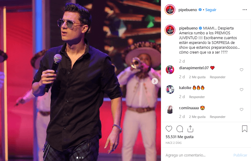 Pipe Bueno no ha dejado de compartir su emoción a través de Instagram Stories y aunque no ha publicado fotografías de sus ensayos, días anteriores publicó esta instantánea donde advierte a sus fans de una gran sorpresa durante Premios Juventud. "MIAMI... Despierta América rumbo a los PREMIOS JUVENTUD!!! Escribanme cuantos están esperando la SORPRESA de show que estamos preparandoooo... cómo creen que va a ser?".
