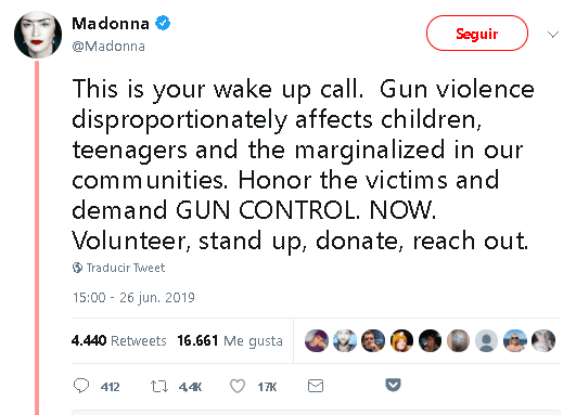 Después de lanzar el video, Madonna 
<b><a href="https://twitter.com/Madonna/status/1143972202343256065" target="_blank">escribió en Twitter</a></b>: "
<b>Esta es tu llamada de atención</b>. La violencia con armas de fuego afecta de manera desproporcionada a niños, adolescentes y marginados en nuestras comunidades. Honra a las víctimas y exige el control de armas. Ahora. Voluntario, ponte de pie, dona, contacta".