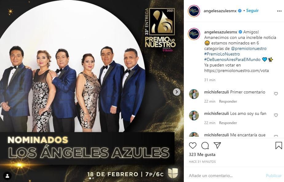 También con seis nominaciones a Premio Lo Nuestro, dos de ellas por su álbum 'De Buenos Aires Para El Mundo', 
<b>Los Ángeles Azules compartieron su felicidad por la "increíble noticia"</b> y también invitaron a sus admiradores a votar.