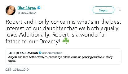 Blac Chyna respondió de manera positiva al mensaje de su ex, 
<b>despejando que hubiera un conflicto</b> y destacando las virtudes de buen padre de Robert Kardashian.
