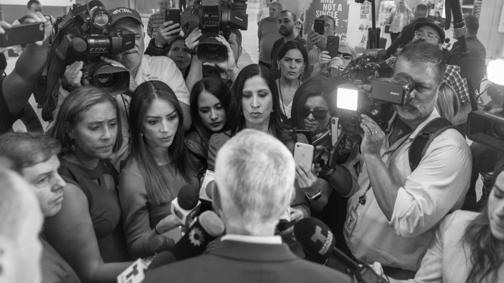 Jorge Ramos speaking to reporters at Miami International Airport after his return from Venezuela, February 26, 2019.