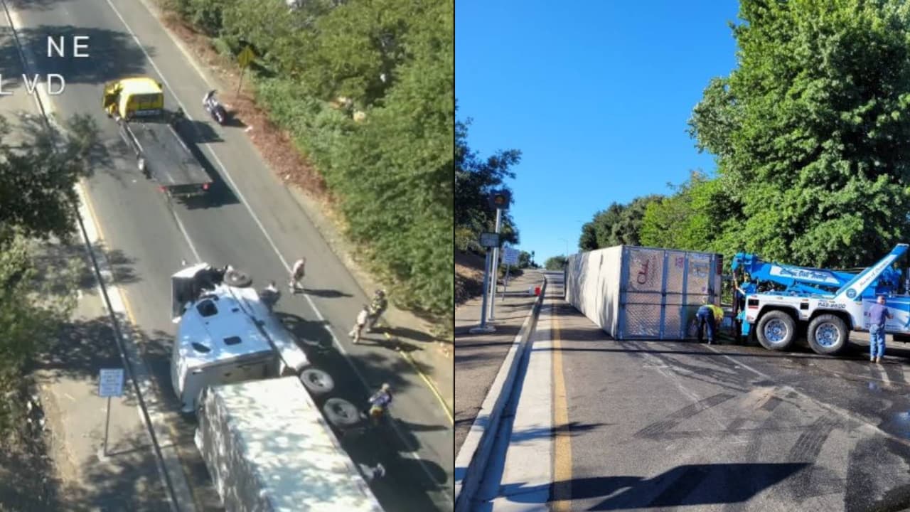 Tráiler vuelca la rampa de acceso en la I-5 en dirección norte