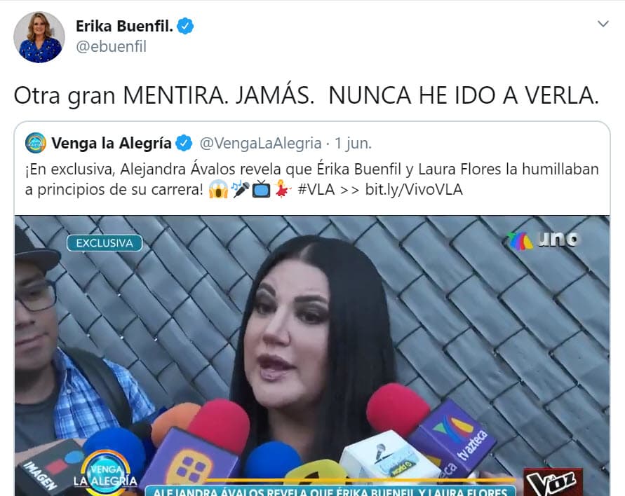 Mientras tanto, Erika Buenfil aseguró en
<b><a href="https://twitter.com/ebuenfil/status/1267512744305180673" target="_blank"> un tuit</a></b> que lo dicho por Alejandra Ávalos era una "gran mentira" y que "nunca" había ido a verla. 
<br>