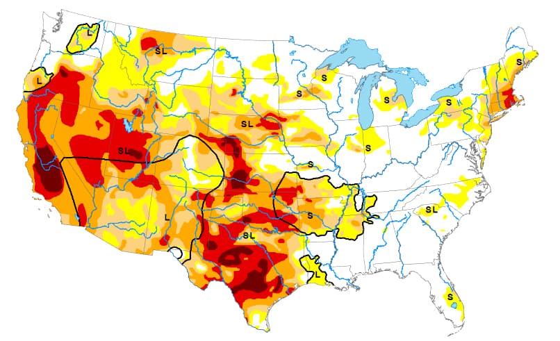 El Monitor de Sequía de los Estados Unidos muestra en rojo las zonas del país que sufren de sequía extrema. La información corresponde al 29 de agosto del 2022.