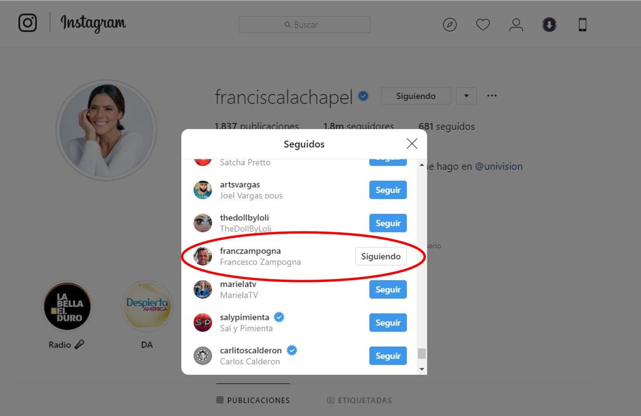 Francisca solamente sigue a 687 personas en Instagram, y una de ellas es precisamente Francesco Zampogna.