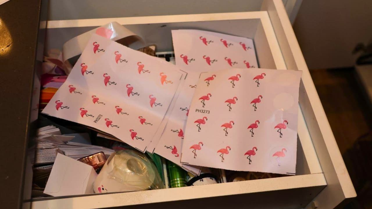 Estas etiquetas con dibujos de flamencos fueron encontradas en la vivienda de Daniel Taylor. Según las autoridades, se utilizaban para identificar los paquetes de fentanilo.