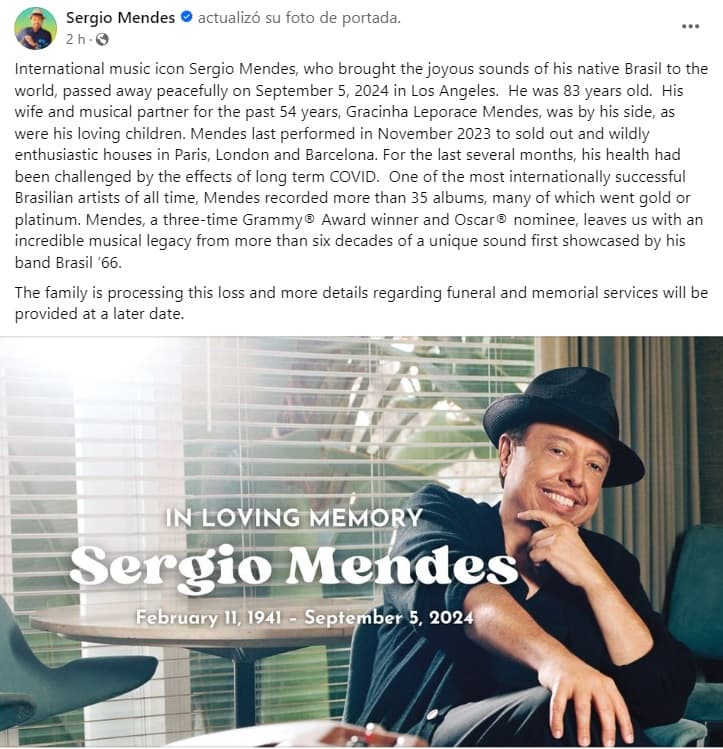 Familia de Sérgio Mendes anunció su muerte.