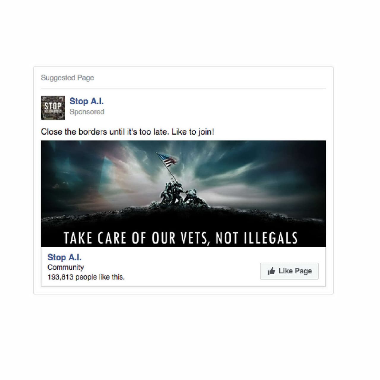 <b>Anuncio </b>1343
<b>.</b> “Cierren las fronteras antes de que sea tarde”. (Marca) Me gusta para unirte!”. “Una nación sin fronteras no es una nación”. 
<br>
<b>Costo:</b> 1.75 rublos (0.03 dólares).