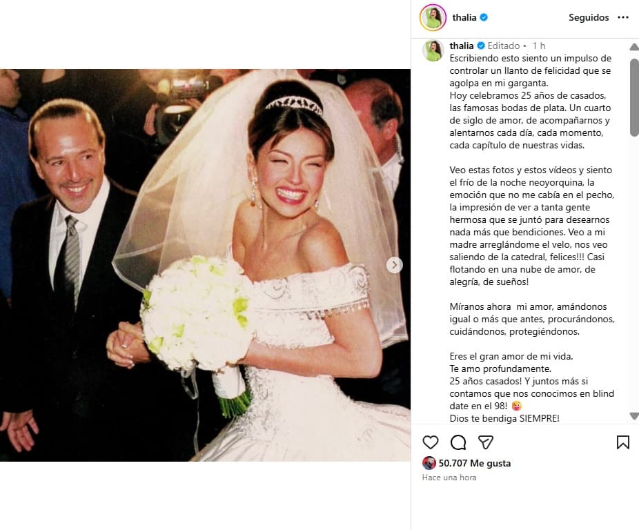 Thalía manda mensaje a Tommy Mottola en su aniversario de bodas.