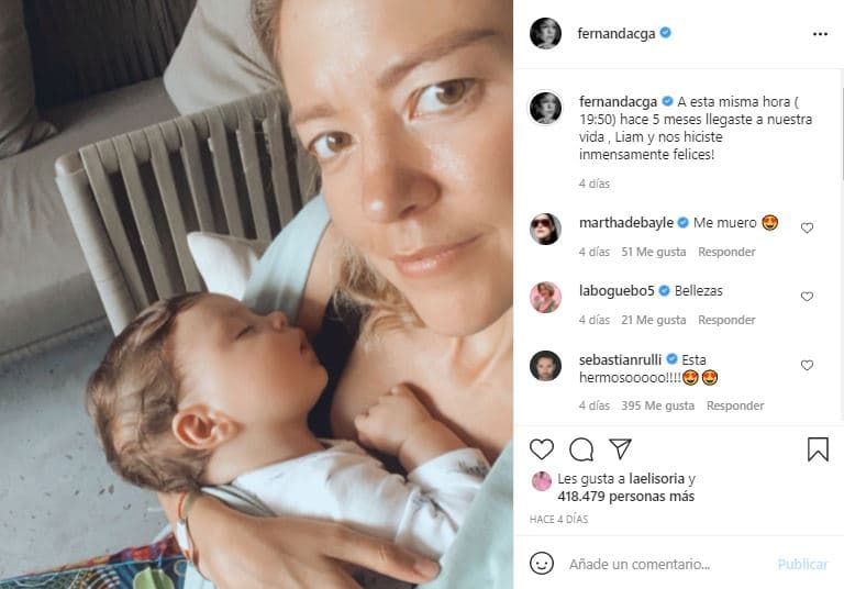 Hace cinco días celebró el quinto mes de nacimiento del bebé. En su cuenta de Instagram escribió: "A esta misma hora (19:50), hace 5 meses, llegaste a nuestra vida, Liam, ¡y nos hiciste inmensamente felices!"