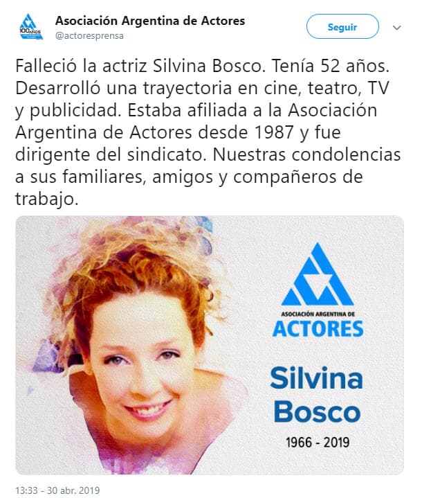 La noticia de su fallecimiento fue confirmada por la Asociación Argentina de Actores a través de su cuenta oficial de Twitter.