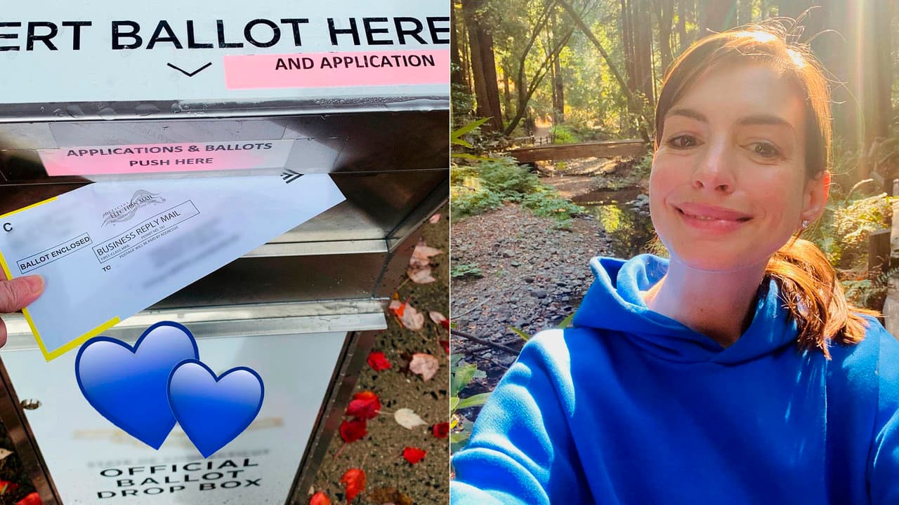 Anne Hathaway fue otra de las celebridades que opt贸 por ejercer su derecho como ciudadana por ese m茅todo, y as铆 evitar las aglomeraciones en 茅poca de pandemia.