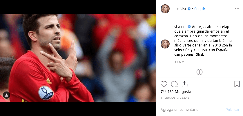 "Amor, acaba una etapa que siempre guardaremos en el corazón. Uno de los momentos más felices de mi vida también ha sido verte ganar en el 2010 con la Selección y celebrar con España campeones", 
<b><a href="https://www.instagram.com/p/BmW0b3Gnxhb/" target="_blank">escribió</a> </b>en ese entonces la originaria de Barranquilla, Colombia.