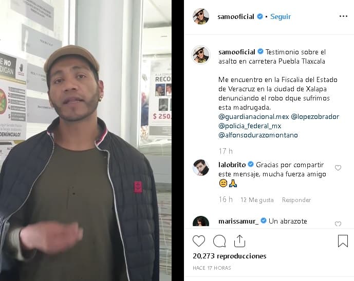 Samo publicó 
<b><a href="https://www.instagram.com/p/B4IlsadAKrk/" target="_blank">un video</a></b> en su cuenta de Instagram en el que ofreció algunos detalles. Dijo que el atraco ocurrió en un tramo de la carretera Puebla-Tlaxcala, al centro del país.