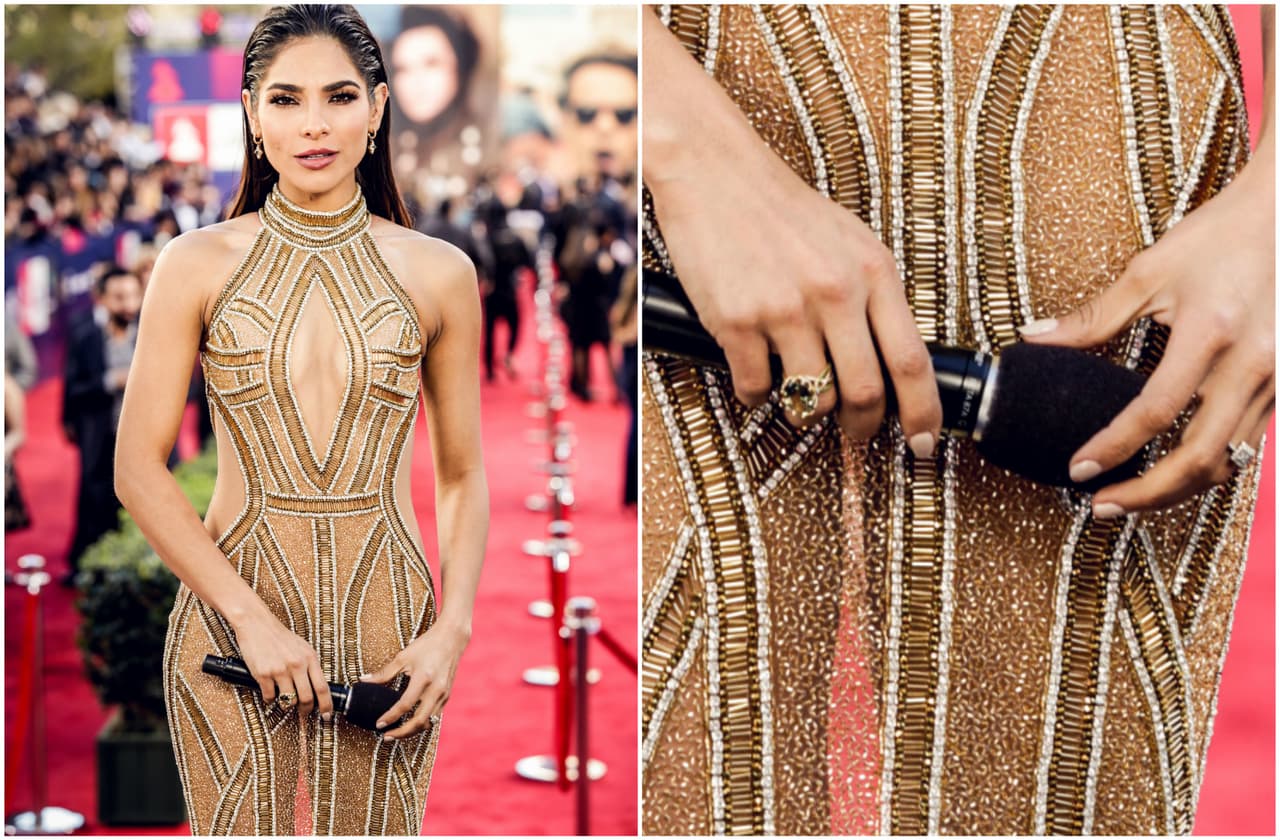 Ale Espinoza, que llevó un vestido dorado dejó sus uñas en un tono nude.