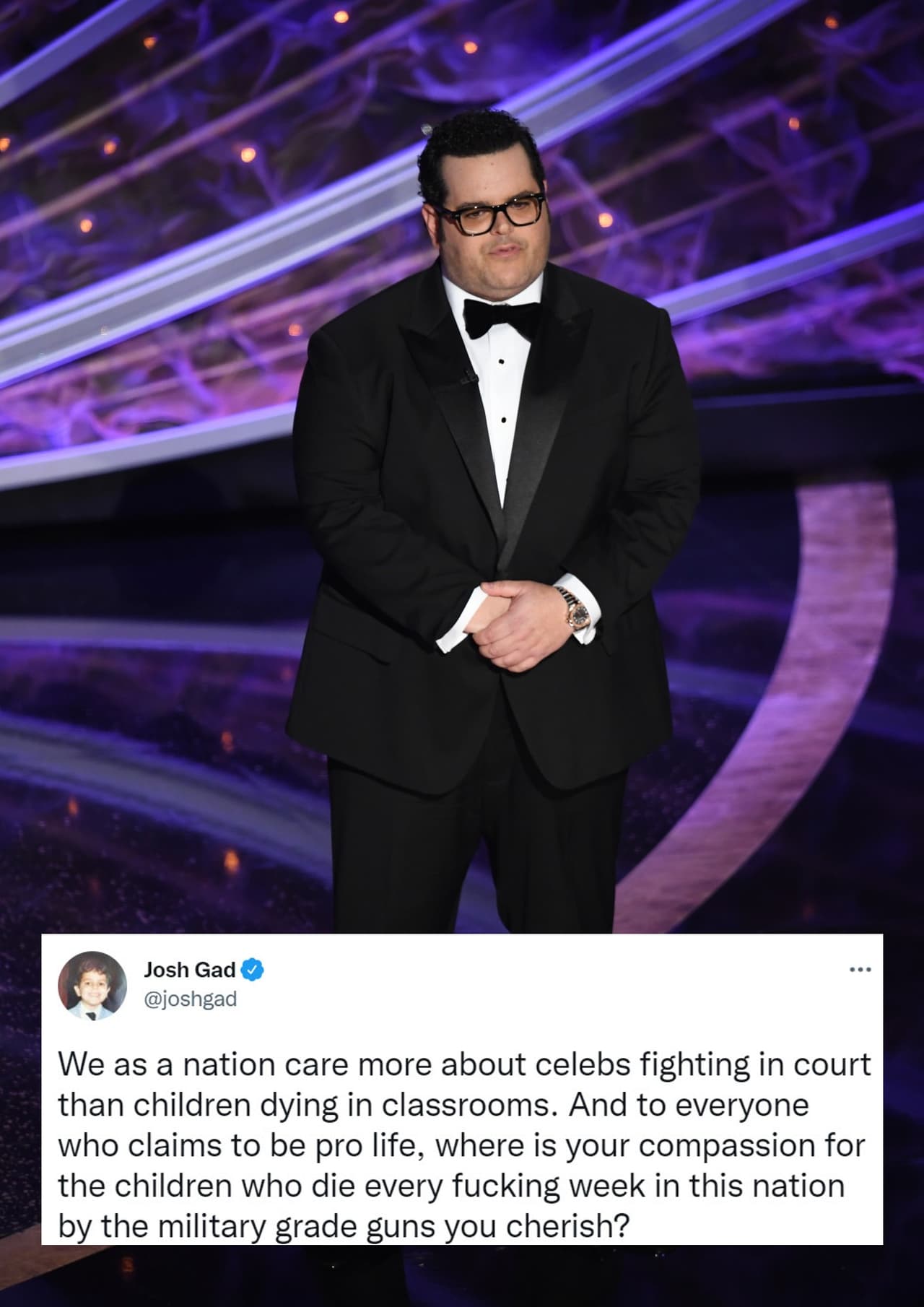 <b>Josh Gad</b> pidió "compasión": "Como nación, nos preocupamos más por las celebridades que luchan en los tribunales que por los niños que mueren en las aulas. Y para todos los que dicen ser provida, ¿dónde está tu compasión por los niños que mueren cada puta semana en esta nación por las armas de fuego militares que aprecias?".
<br>