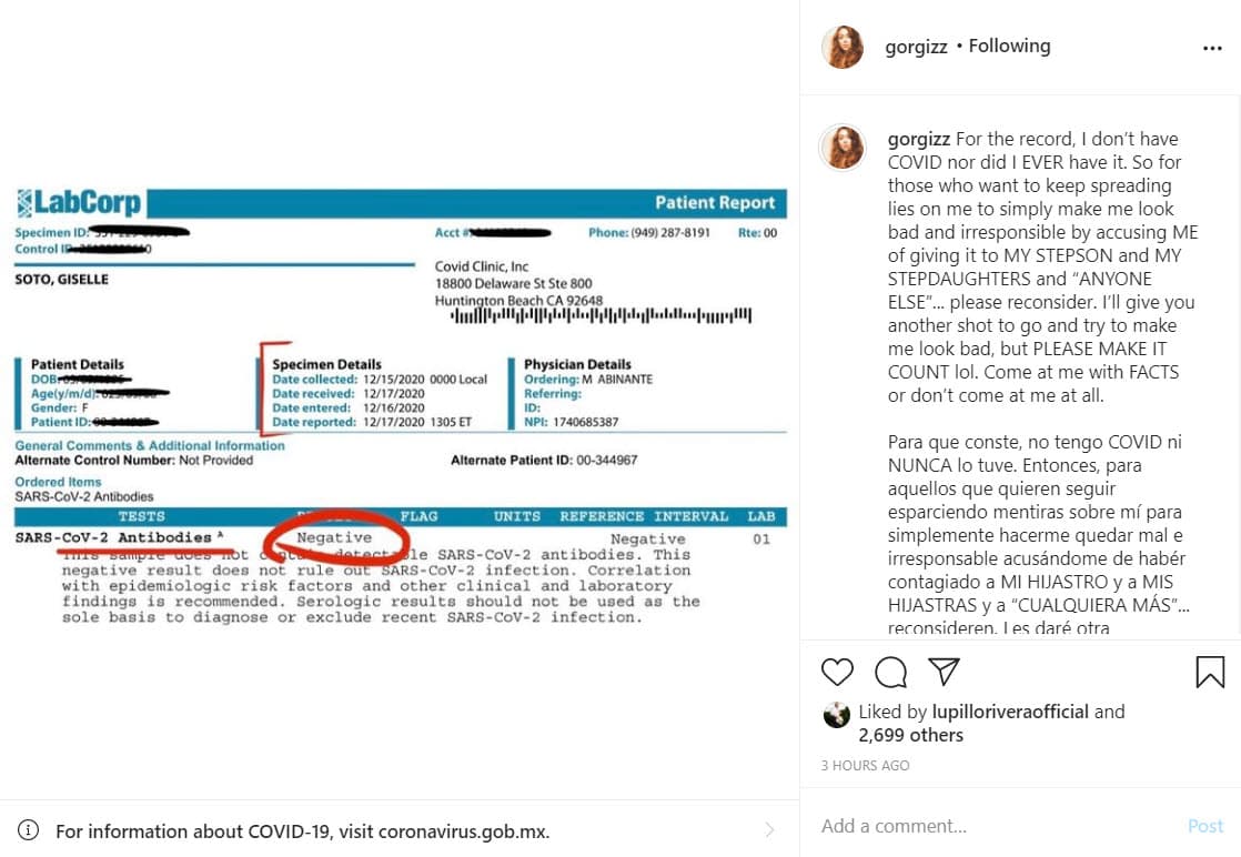 La joven empresaria se defendió de los señalamientos: "Para aquellos que quieren seguir esparciendo mentiras sobre mí, para simplemente hacerme quedar mal e irresponsable
<b>acusándome de haber contagiado a mi hijastro y a mis hijastras y a 'cualquiera más'</b>... reconsideren".
<br>