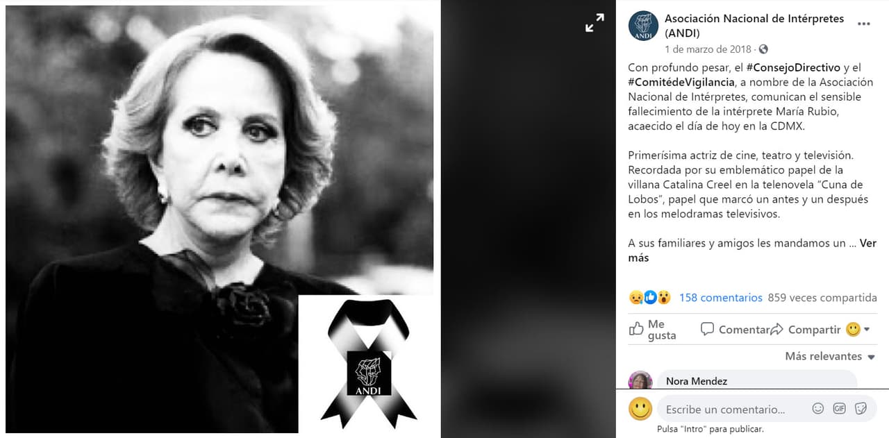 <b><a href="https://www.univision.com/shows/despierta-america/muere-la-actriz-maria-rubio-la-inolvidable-catalina-creel-de-la-telenovela-cuna-de-lobos-video">María Rubio murió</a> </b>el
<b> </b>1 de marzo de 2018 en la Ciudad de México a los 83 años, en su casa de la Ciudad de México, confirmó en su momento la Asociación Nacional de Intérpretes de México (ANDI) con un comunicado publicado en sus redes sociales. 
<br>