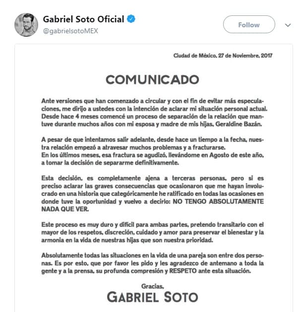 "A pesar de que intentamos salir adelante, desde hace mucho se fracturó la relación por lo que tomé la desición de salirme de casa", se lee en el comunicado.