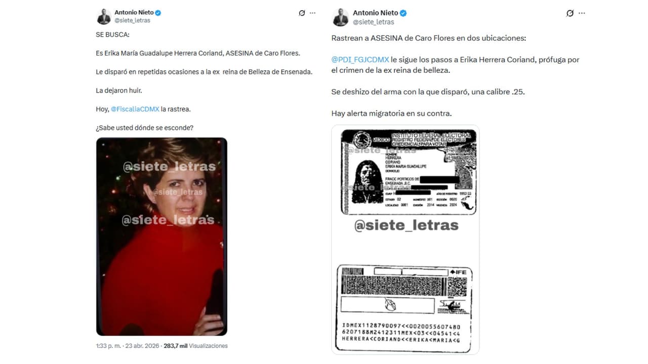 Difunden foto de Erika María Guadalupe Herrera Coriand, presunta asesina de Carolina Flores, ex reina de belleza mexicana.