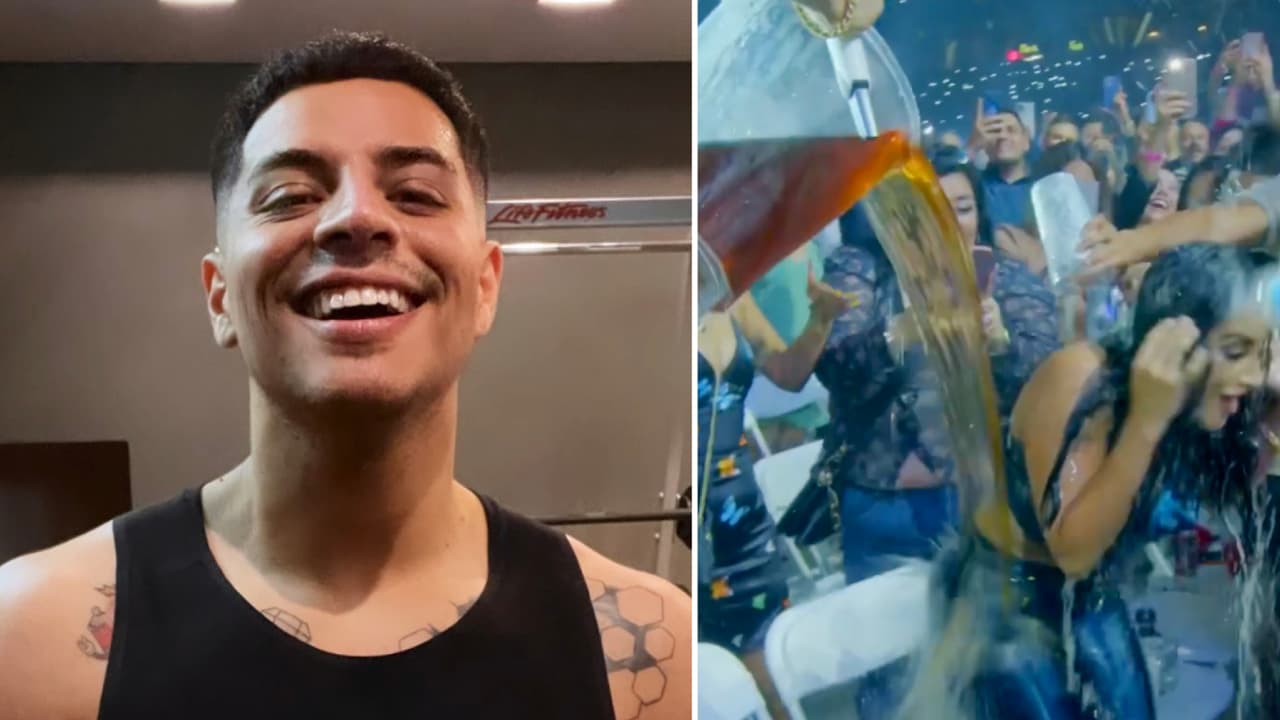 Eduin Caz baña a su esposa Anahy con cerveza, agua y otras cosas frente a miles de personas