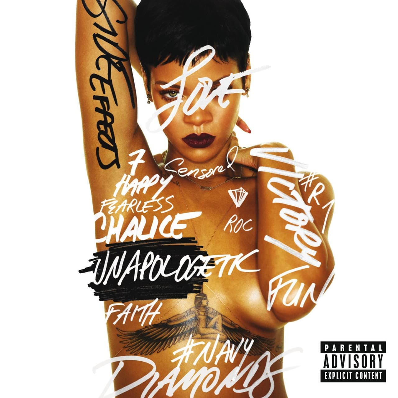 'Unapologetic', Rihanna. Esta es una de las portadas más atrevidas de Rihanna, la cual ilustra uno de los discos más exitosos de la barbadense.
