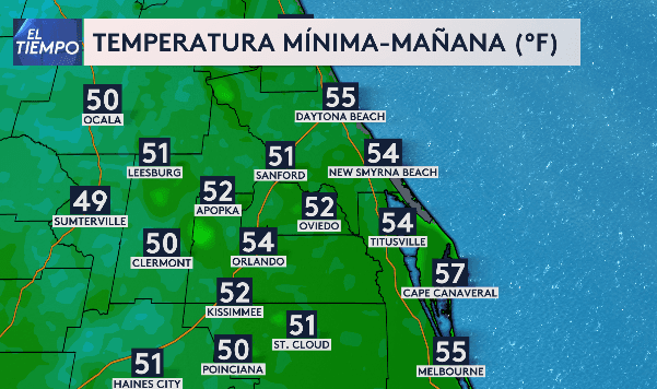 El martes será el día más frío de la semana con mínimas al amanecer en Orlando en los 54 °F y en algunos sectores del norte podrían alcanzar los altos 40, con máximas nuevamente en los bajos 70.