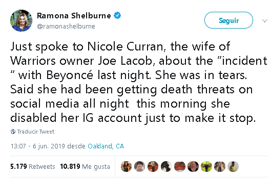 “Ella (Nicole) estaba llorando. Dijo que había estado 
<b><a href="https://twitter.com/ramonashelburne/status/1136696108355244032" target="_blank">recibiendo amenazas</a></b> de muerte en las redes sociales toda la noche. Esta mañana desactivó su cuenta de Instagram sólo para hacer que se detuvieran”, escribió la periodista de ESPN.