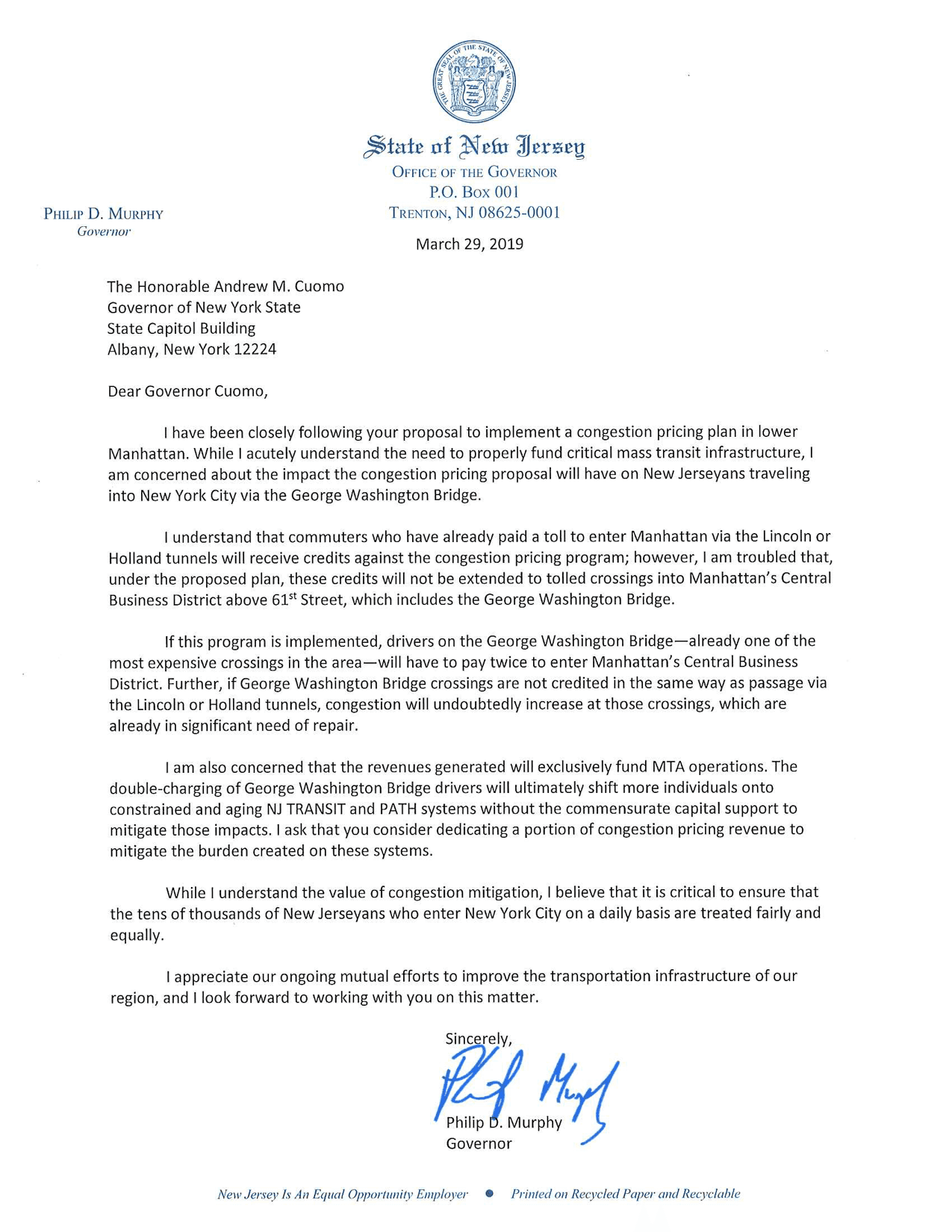 Carta de Murphy a Cuomo sobre las tarifas de congestión.