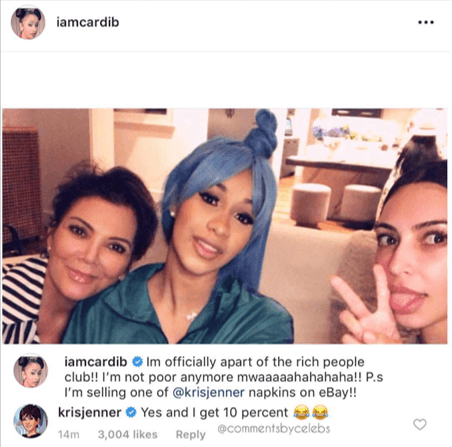 Cardi B colg贸 esta imagen en su instagram y festej贸 que ahora es "
<b>oficialmente parte del club de la gente rica</b>".