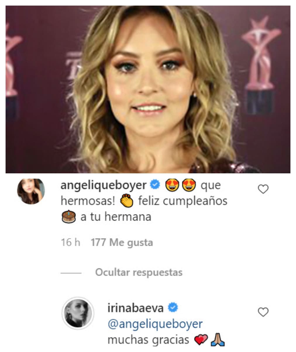 Algunas famosas, como Angelique Boyer, se unieron a la felicitación de Irina Baeva hacia su hermana.
<br>