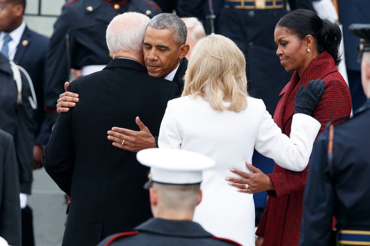 Former President Barack Obama hugs former Vice President Joe Biden at the Capitol Friday, Jan. 20, 2017, in Washington after President Donald Trump was inaugurated. (AP Photo/Evan Vucci)