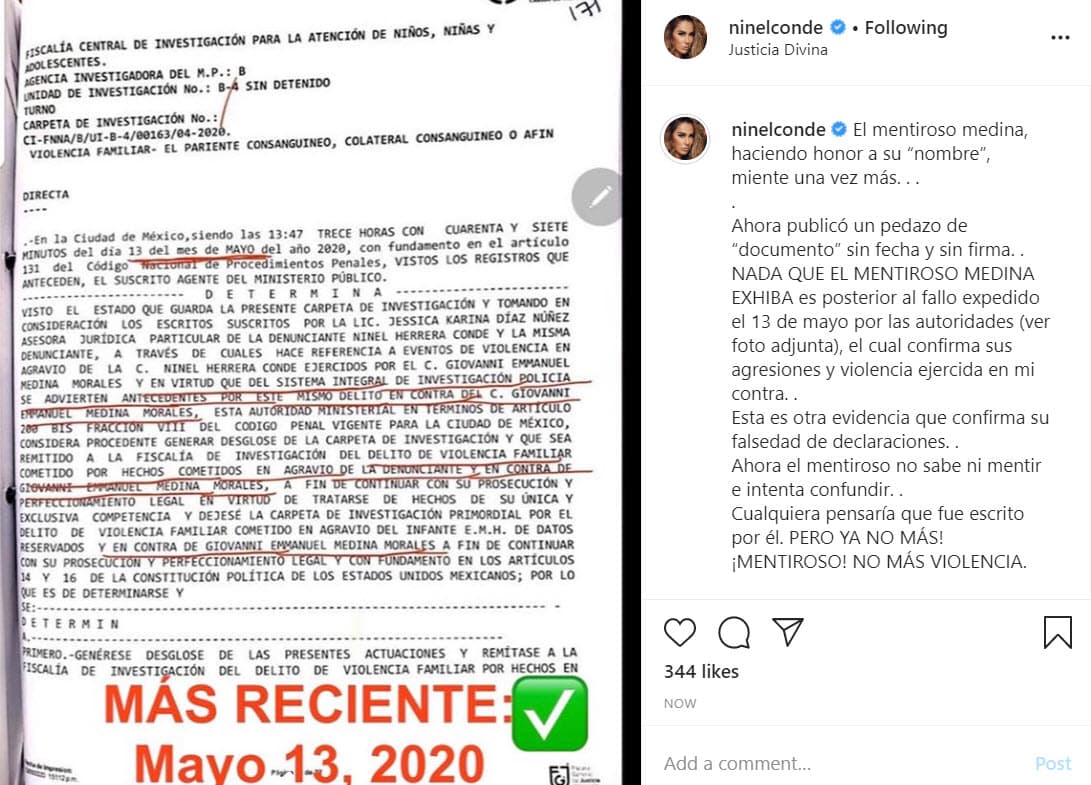 "Nada que 'El mentiroso Medina' exhiba. (El documento publicado por él) es posterior al fallo expedido el 13 de mayo por las autoridades (ver foto adjunta), el cual confirma sus agresiones y violencia ejercida en mi contra".
<br>